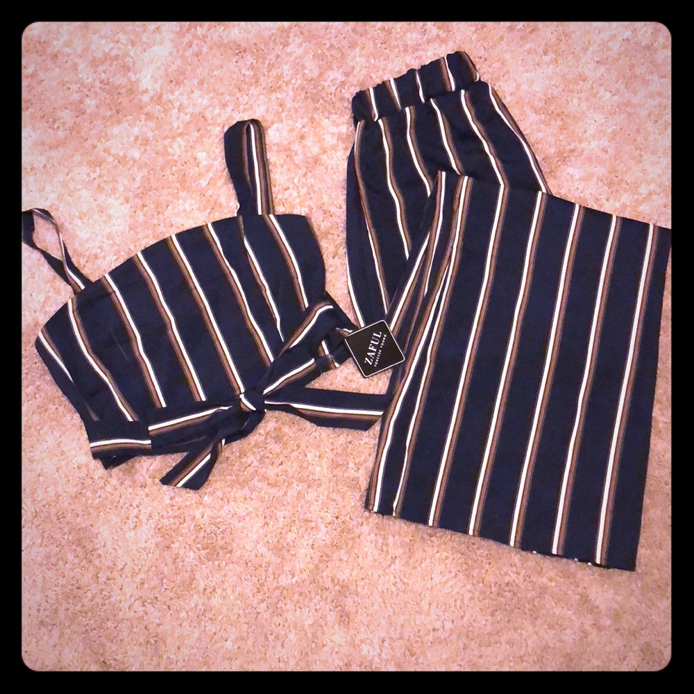 Striped zip top and wide leg pants
